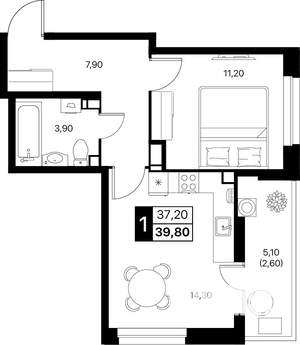 1-к квартира, вторичка, 40м2, 5/12 этаж