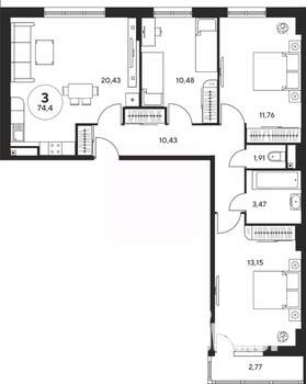 3-к квартира, вторичка, 74м2, 16/25 этаж