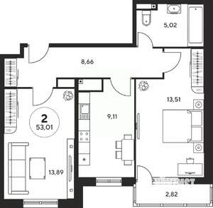 2-к квартира, вторичка, 53м2, 23/25 этаж