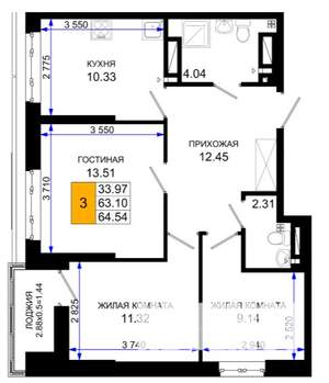 3-к квартира, вторичка, 65м2, 6/25 этаж