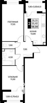 2-к квартира, вторичка, 59м2, 2/12 этаж