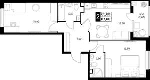 2-к квартира, вторичка, 68м2, 2/12 этаж