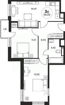 3-к квартира, вторичка, 54м2, 3/25 этаж