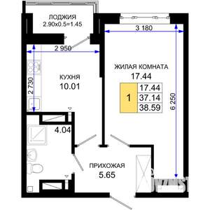 1-к квартира, строящийся дом, 39м2, 7/25 этаж