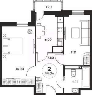 2-к квартира, вторичка, 44м2, 11/25 этаж