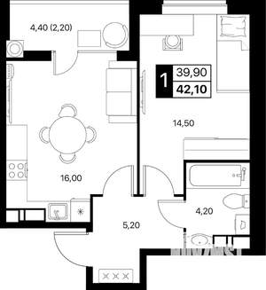 1-к квартира, вторичка, 42м2, 9/12 этаж