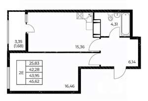 1-к квартира, вторичка, 46м2, 17/25 этаж