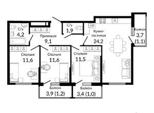 3-к квартира, вторичка, 77м2, 11/16 этаж