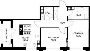 2-к квартира, вторичка, 57м2, 4/12 этаж