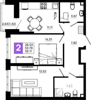 2-к квартира, вторичка, 55м2, 2/21 этаж
