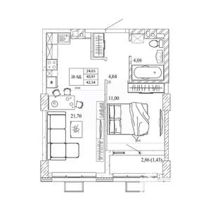 1-к квартира, строящийся дом, 42м2, 6/12 этаж
