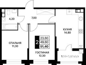 2-к квартира, вторичка, 51м2, 3/12 этаж