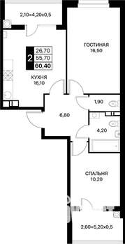 2-к квартира, вторичка, 60м2, 7/12 этаж