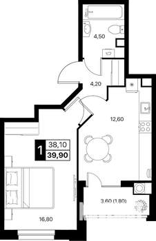 1-к квартира, строящийся дом, 40м2, 2/20 этаж