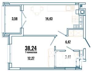 1-к квартира, строящийся дом, 38м2, 1/4 этаж