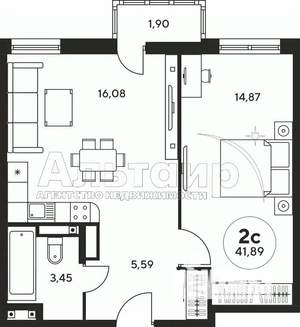 2-к квартира, сданный дом, 41м2, 16/27 этаж