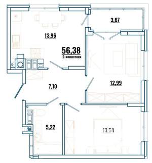 2-к квартира, строящийся дом, 38м2, 3/4 этаж