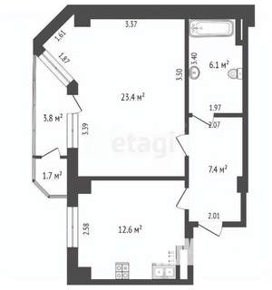 1-к квартира, вторичка, 52м2, 3/19 этаж