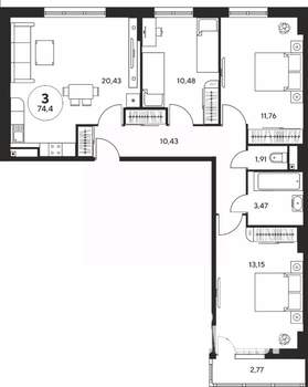 3-к квартира, вторичка, 74м2, 9/25 этаж