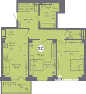 3-к квартира, вторичка, 77м2, 21/24 этаж