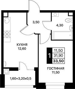 1-к квартира, вторичка, 34м2, 2/12 этаж