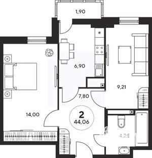 2-к квартира, вторичка, 44м2, 17/25 этаж
