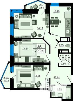 3-к квартира, вторичка, 72м2, 23/24 этаж