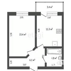 1-к квартира, вторичка, 38м2, 4/4 этаж