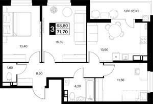 3-к квартира, вторичка, 72м2, 8/20 этаж