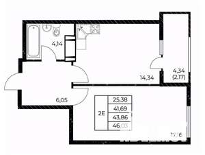1-к квартира, вторичка, 46м2, 14/25 этаж