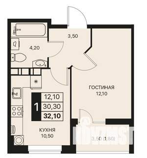 1-к квартира, строящийся дом, 32м2, 4/12 этаж