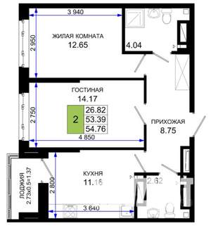2-к квартира, вторичка, 55м2, 23/25 этаж
