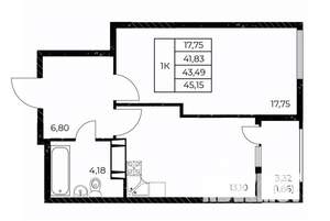 1-к квартира, строящийся дом, 45м2, 19/25 этаж