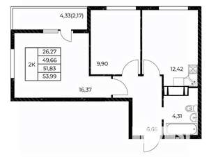 2-к квартира, вторичка, 54м2, 12/25 этаж