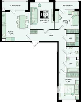 3-к квартира, вторичка, 83м2, 2/15 этаж