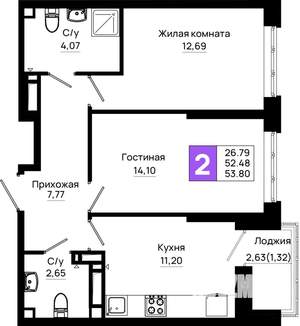 2-к квартира, вторичка, 54м2, 24/25 этаж
