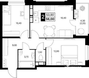 2-к квартира, строящийся дом, 56м2, 14/20 этаж