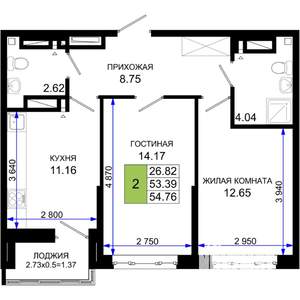 2-к квартира, вторичка, 55м2, 25/25 этаж