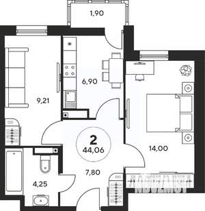 2-к квартира, вторичка, 44м2, 22/25 этаж