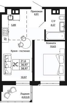 2-к квартира, вторичка, 38м2, 21/24 этаж