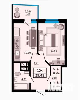 1-к квартира, строящийся дом, 39м2, 8/32 этаж