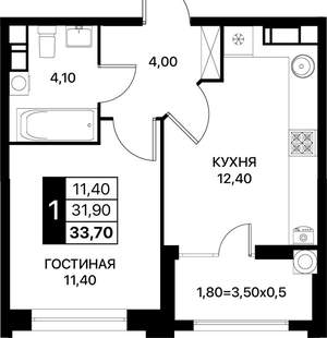 1-к квартира, вторичка, 34м2, 4/20 этаж