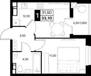 1-к квартира, строящийся дом, 33м2, 11/12 этаж