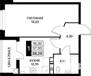 1-к квартира, строящийся дом, 39м2, 6/12 этаж