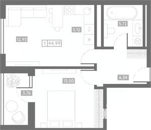 1-к квартира, вторичка, 45м2, 17/24 этаж