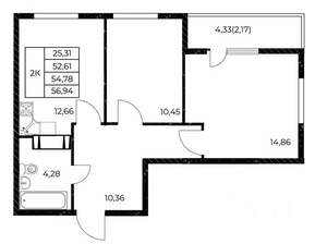 2-к квартира, вторичка, 57м2, 13/25 этаж