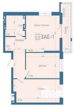 3-к квартира, строящийся дом, 64м2, 9/15 этаж