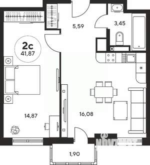 2-к квартира, вторичка, 42м2, 15/25 этаж