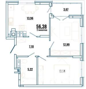 2-к квартира, строящийся дом, 56м2, 4/4 этаж