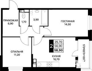 2-к квартира, вторичка, 59м2, 6/18 этаж